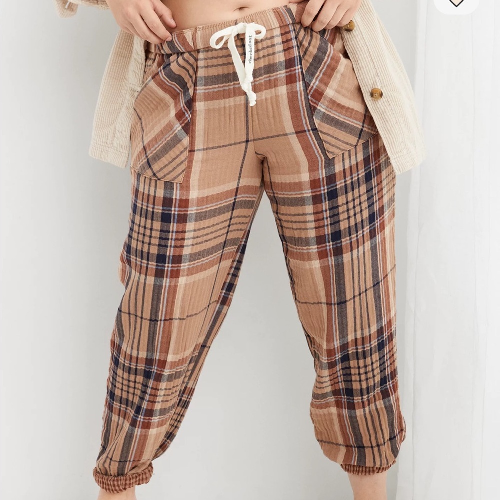 aerie Plaid Drawstring Jogger Pajama Pants in Tan and Navy